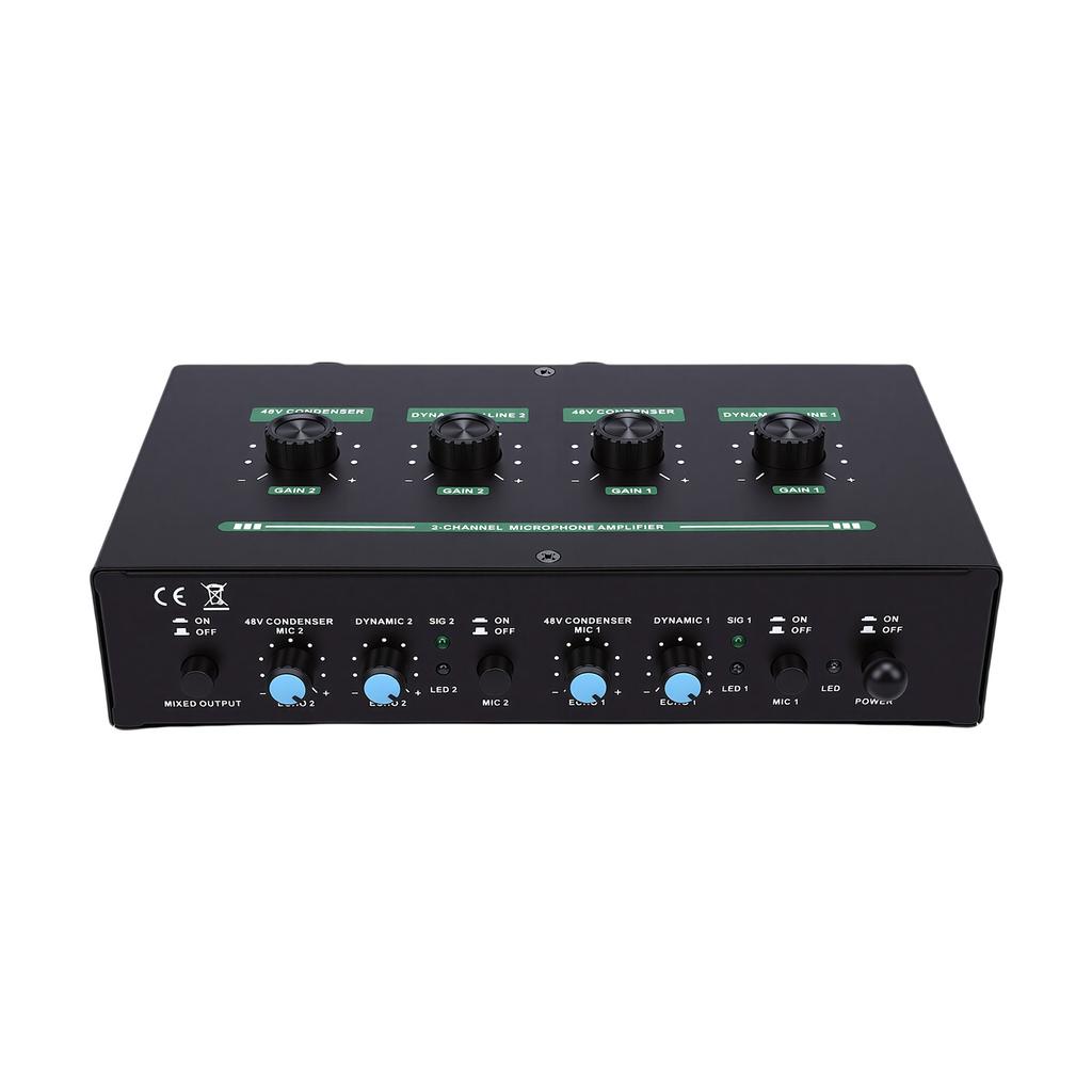 2 Channel Microphone Sound Interface Amplifier with Reverb 2 Input 48V Phantom Power Rechargeable Compact Design for