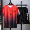2Pcs/Set O-Neck Short Sleeve Elastic Waistband Casual Outfit Pockets Ice Silk Men Gradient Color Letter Print T-shirt Wide Leg Shorts Set Streetwear