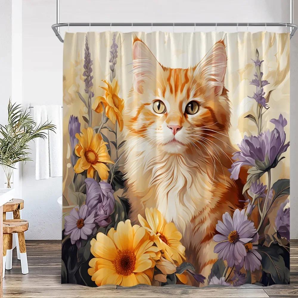 Cute Cat Shower Curtain Flower Cartoon Animal Sunflower Plant Floral Bathroom Home Decor Modern Polyester Bath Curtain with Hook