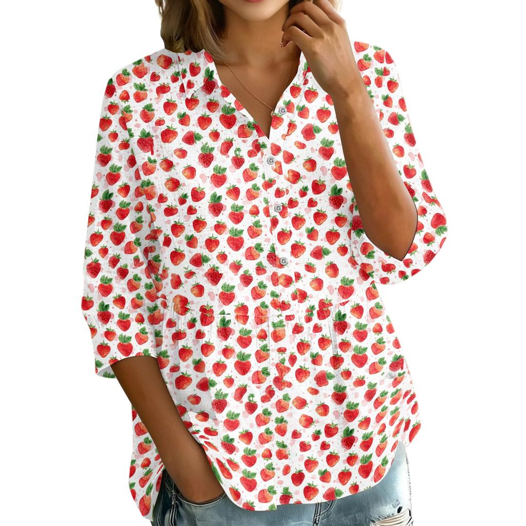 Women's Vintage Floral Print Blouse - Button Down Collar Three Quarter Sleeve Loose Fit Shirt Top for Casual and Daily Wear