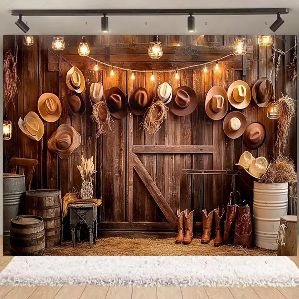 Western Cowboy Photography Backdrop Rustic Farm Barn Haystack Wood House Horse Wheel Background Party Decor Photo Shoot Props