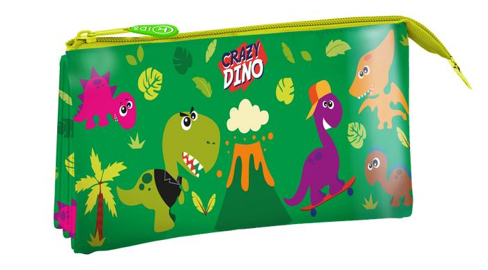 Piórnik szkolny dla dzieci trzykomorowy z dinozaurami CRAZY DINO Kids 21 cm