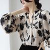 French Retro Ink Printed Satin Shirt Women Spring Autumn New Niche V-neck Long Sleeve Pullover Puff Sleeves Top M-3XL