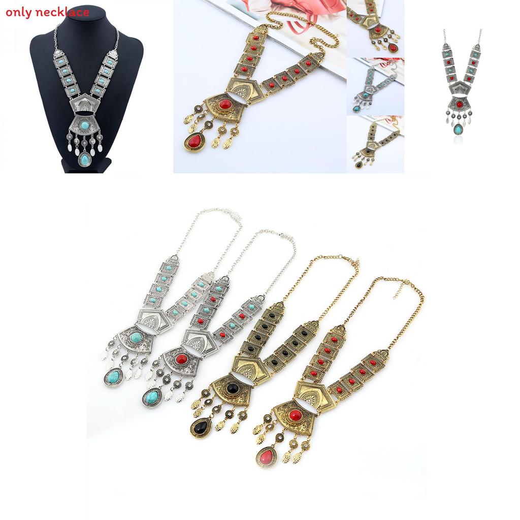Ethnic Style Simulation Gemstone Decor Women Metal Necklace With Tassel For Vintage Jewelry Enthusiasts