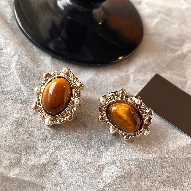 Maillard Silver Needle Tiger Eye Pearl Retro Stud Earrings for Women