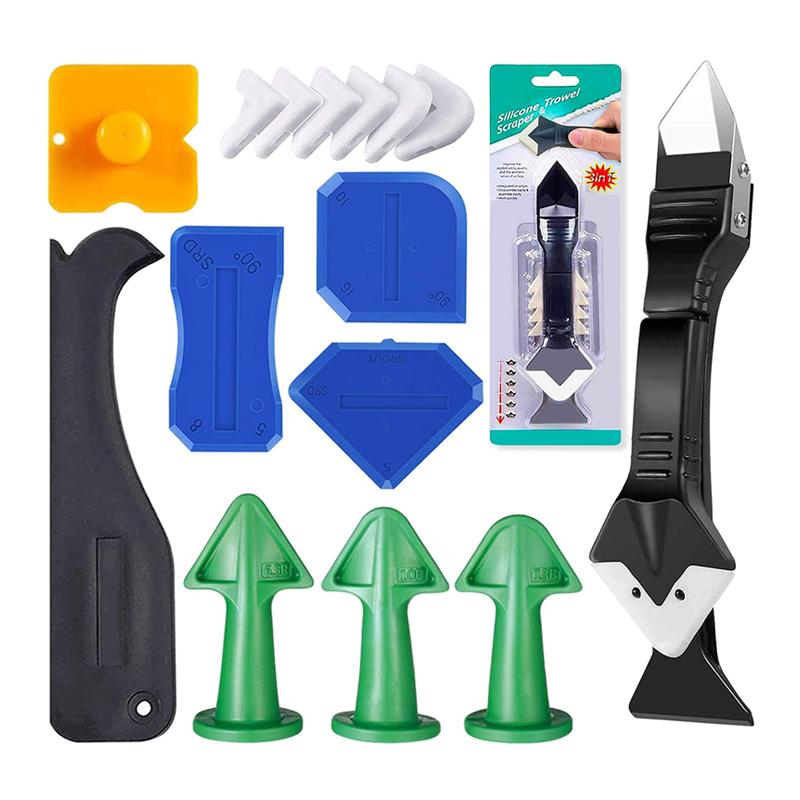 Silicone Grout Sealant Scraper Caulking Tool Kit 3 in 1 Stainless Steel Head Caulk Remover Finishing Tools Nozzle Applicator Sealant Finishing Tools