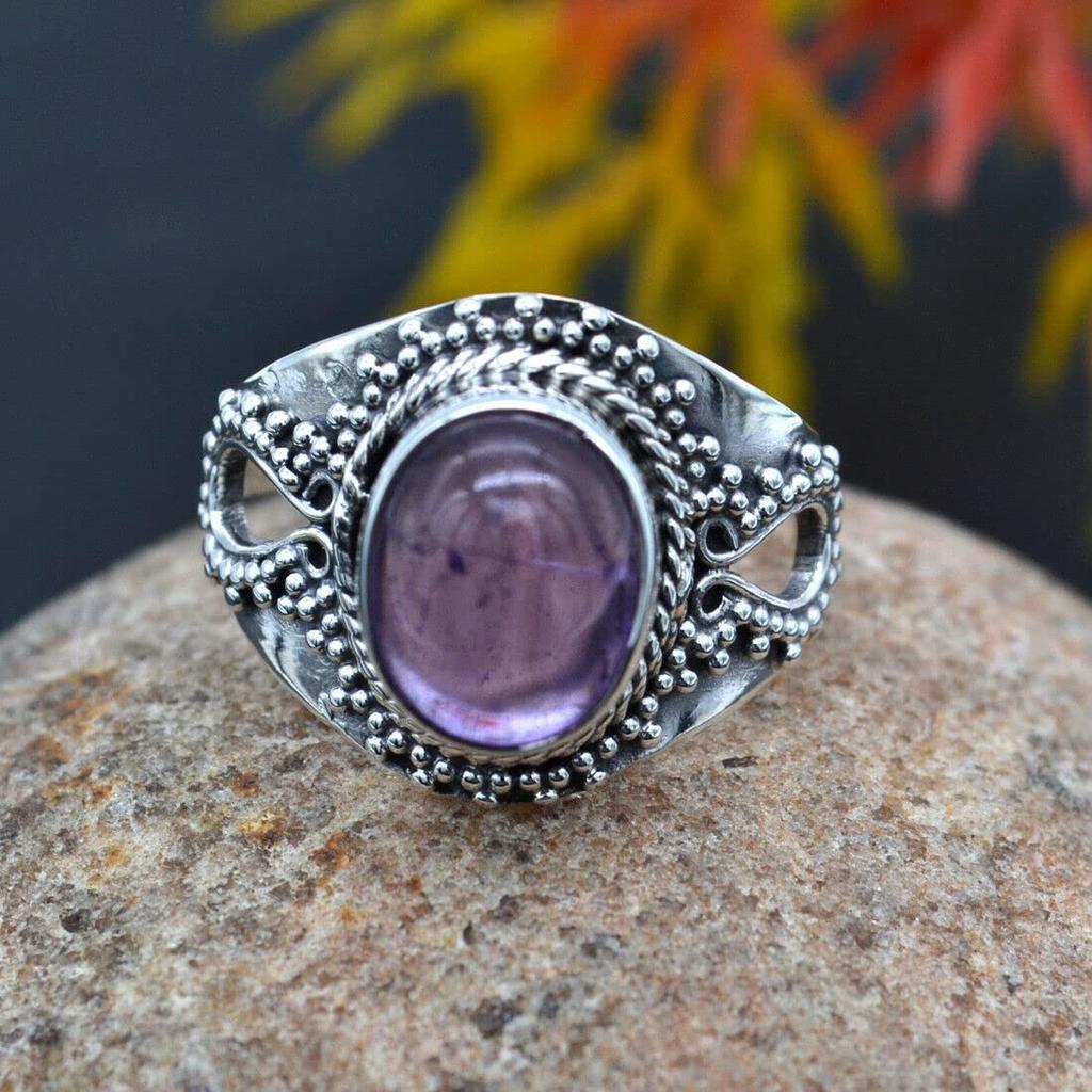 Amethyst Ring Gemstone 925 Sterling Silver Ring Handmade Stone Bohemian Jewelry for Women - 5.3 Gms