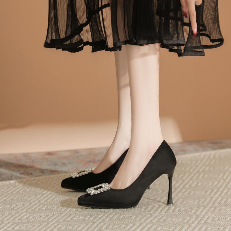 Pointed Rhinestone Black Suede High Heels Women's Pointed Thin Heel Waterproof Table Single Shoes Small Commuter Shoes