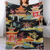 GUOYU Decke Überwurfdecke Chinoiserie Anthrazit Koralle Pagode Flanell Fleece Überwurfdecke Japanischer Asiatischer Stil Decke Pagode und Blume