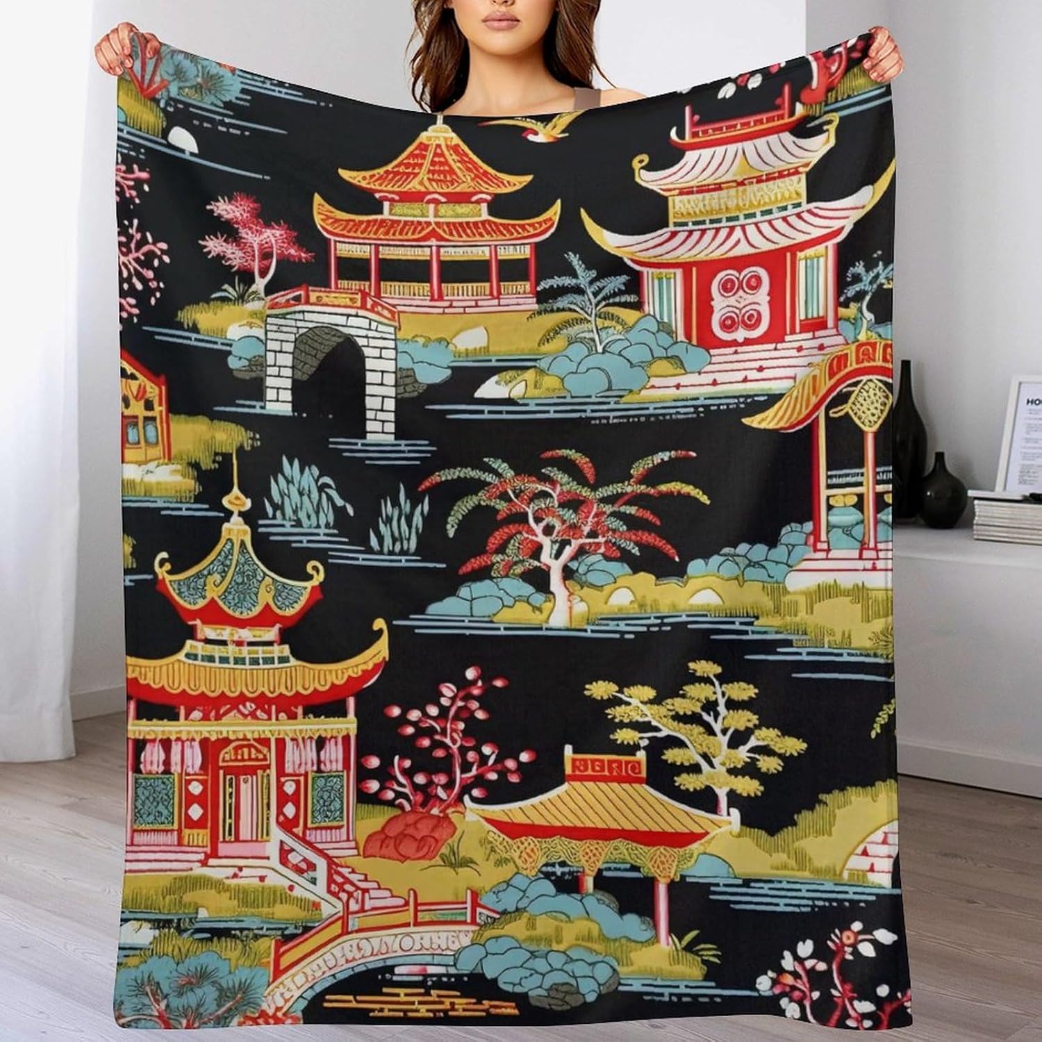 Throw Blanket Chinoiserie Charcoal Coral Pagoda Flannel Fleece Throw Blanket Japanese Asian Style Blanket Pagoda and Flower 75x100cm