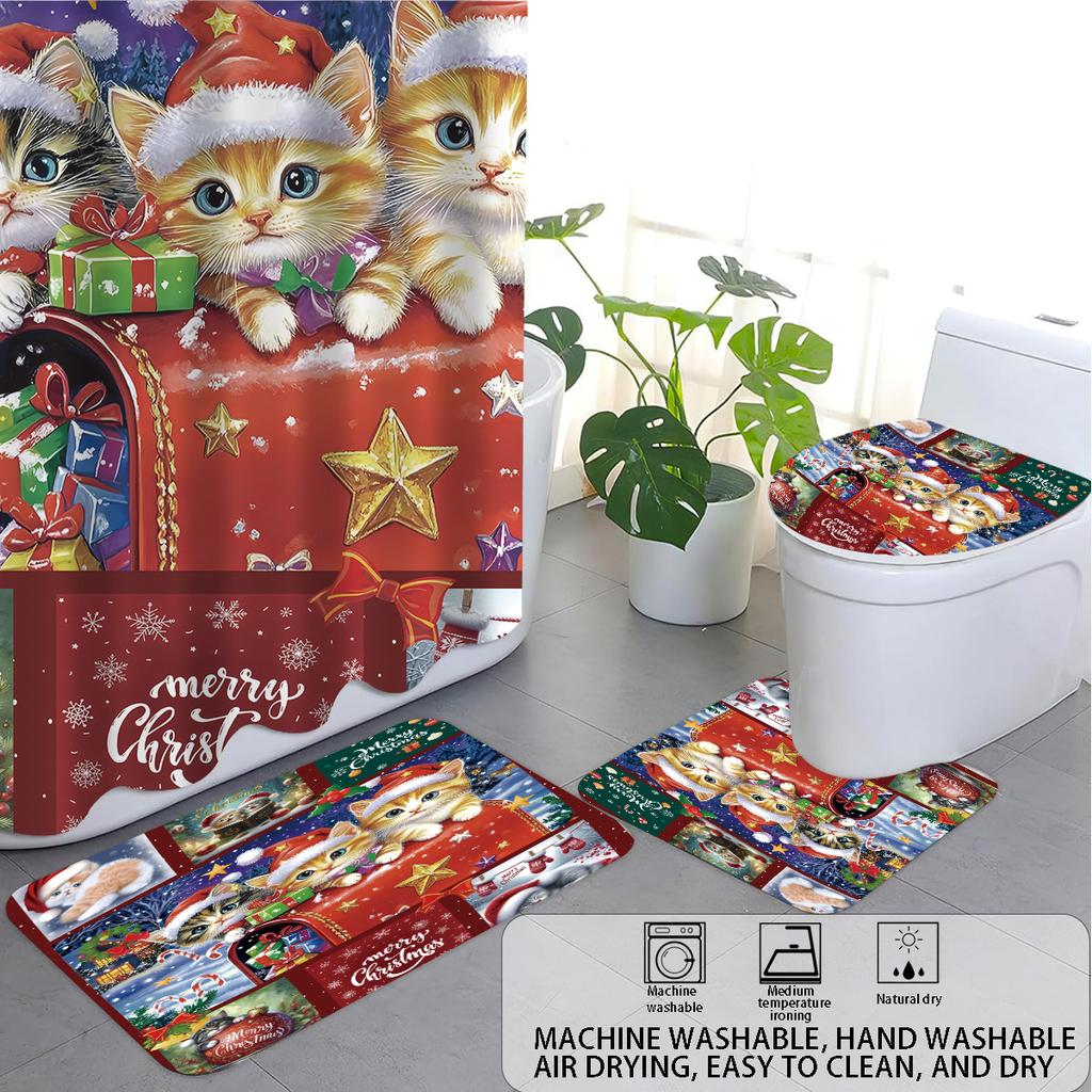 4pcs Christmas Cat Printed Bathroom Set 180x180 Waterproof Shower Curtain, Floor Mat, U-shaped Mat, and Toilet Mat