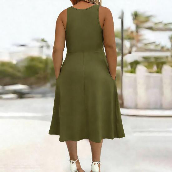 Robe d'été sans manches pour femme, robe midi plissée à col en V, respirante, décontractée, avec ourlet évasé au-dessus de la cheville, robe trapèze avec poches