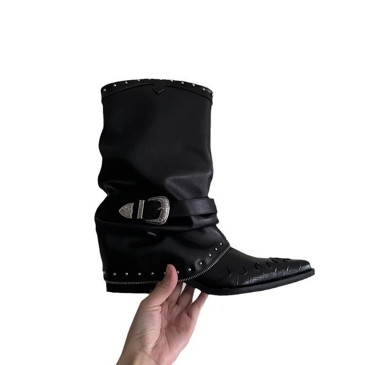 Women Ankle Boots Pointed Toe Real Leather Horse Shoe Heel Short Boots Woman Rivet Buckle Luxury Shoes Ladeis Party
