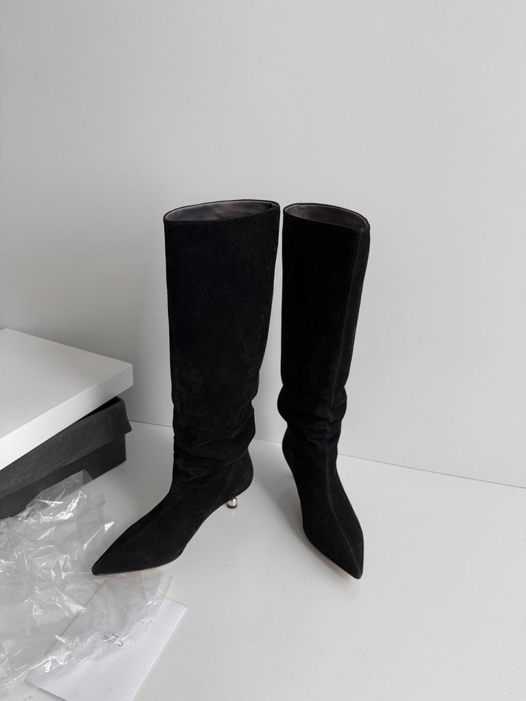 Temperament gray slim boots women's pointed toe thin heel simple pile straight boots