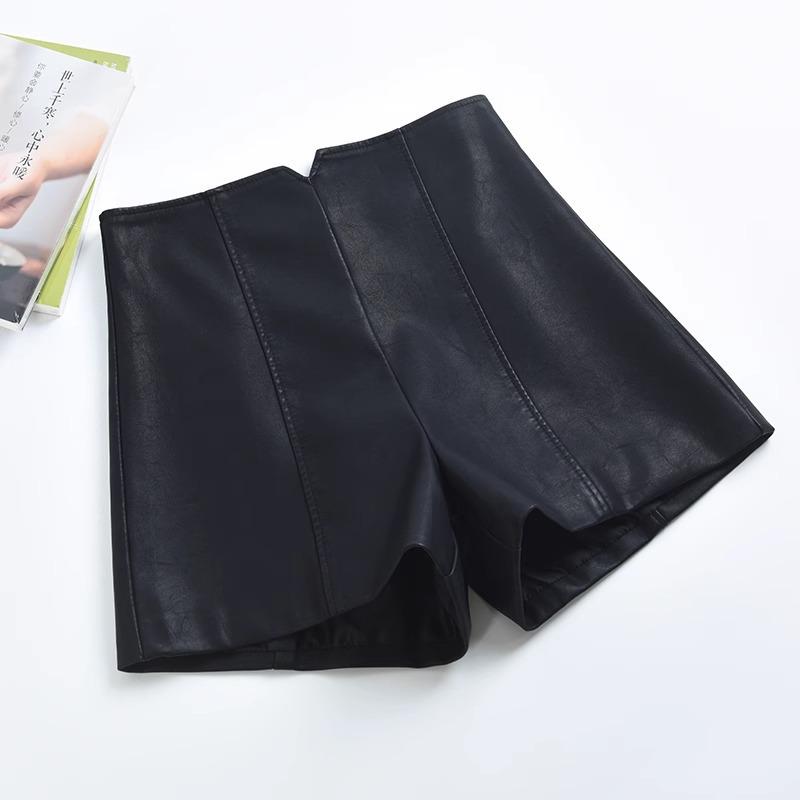 

2024 Осень/Зима Женские Большого Размера Шорты с Завышенной Талией из ПУ Кожи с Широкими Штанинами - Приталенные А-силуэта Шорты для Ягодиц. L