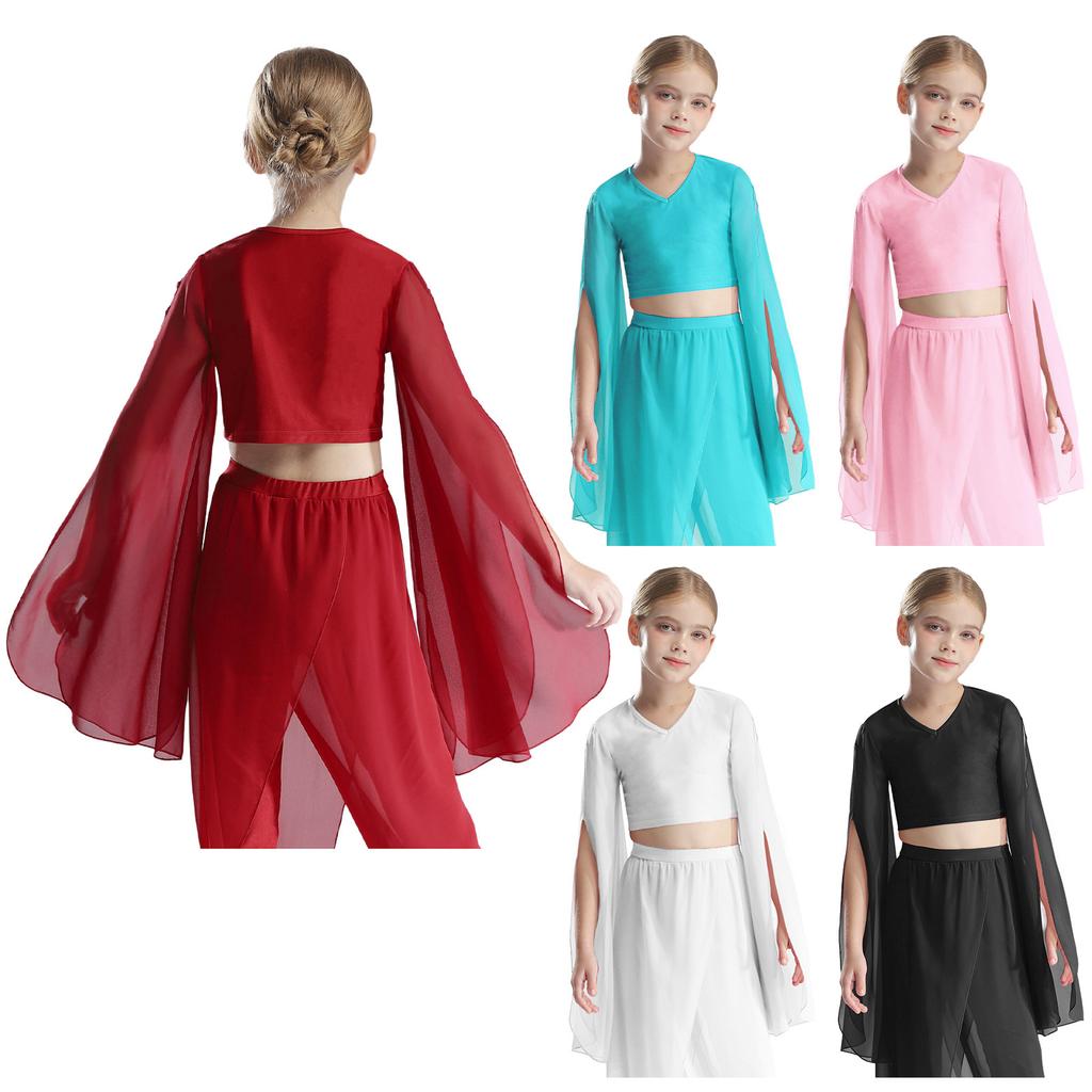 Elegant V Neck Crop Top for Girls: Split Flared Sleeves Classical Dance Top for Performance Practice