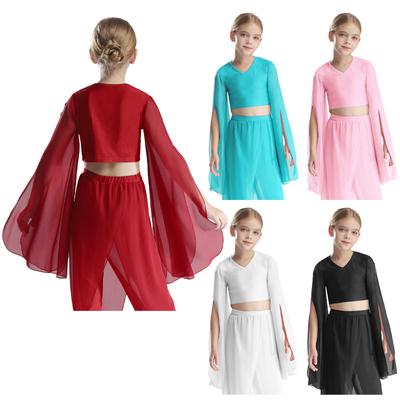 Elegantes V-Ausschnitt Crop-Top für Mädchen: Geteilte Glockenärmel Klassisches Tanzoberteil für Trainingsaufführungen