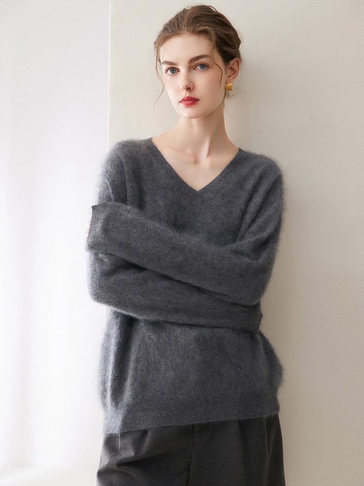 Kang Sai Ni Women's 100% Cashmere Long Brushed Sweater, Old Money Style Knitwear