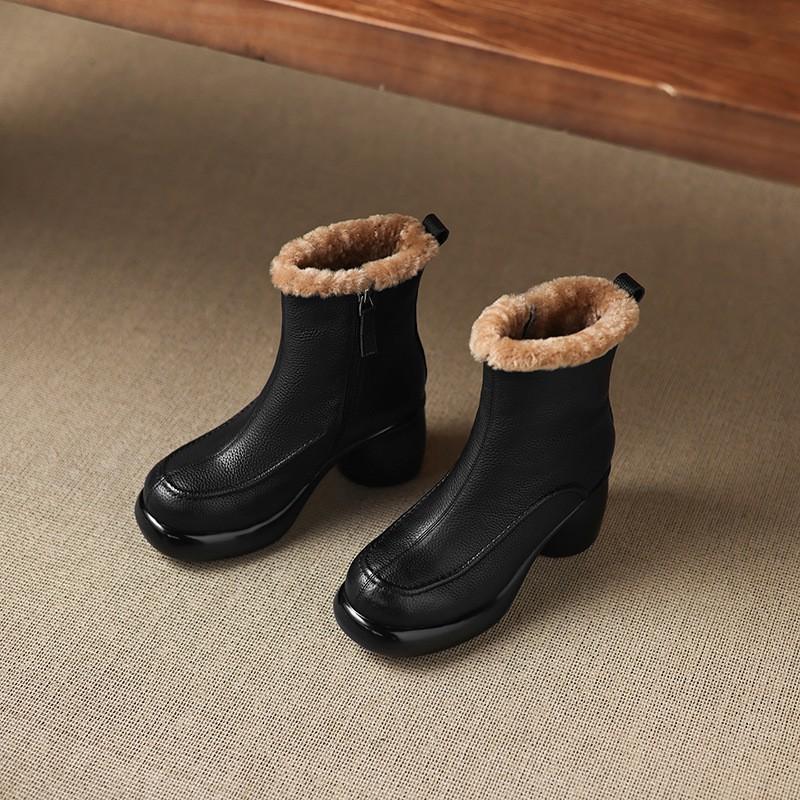 7cm British Style Leather Ankle Boots Warm Winter Fall Round Toe Chunky Heel Side Zip Booties