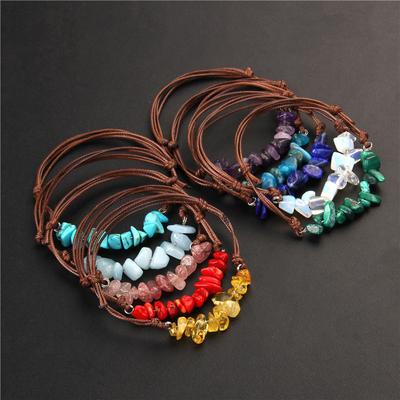 Natural Gravel Leather Rope Braided Bracelet Female Bohemian Retro Style Raw Stone Bead Bracelet Leather Rope
