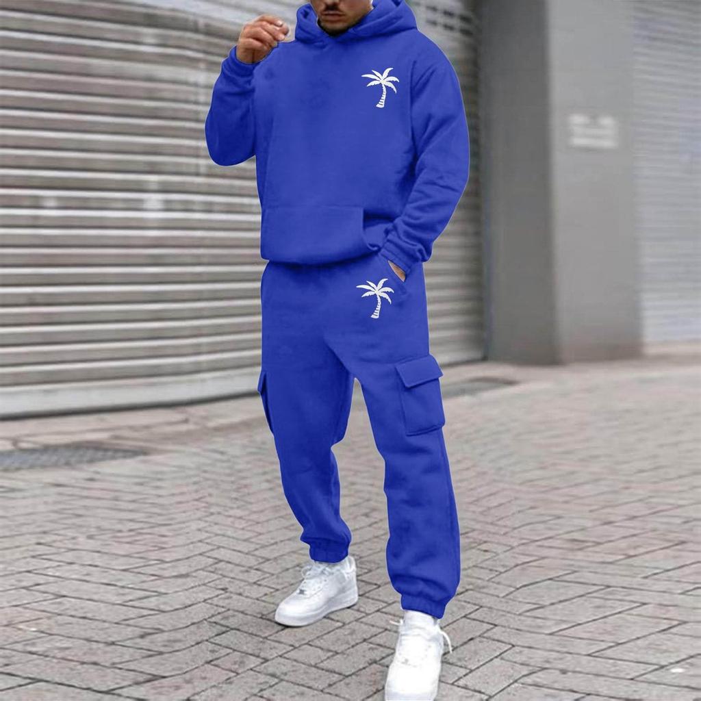 Men's Plus Size Hooded Sweatshirt and Sweatpants Set with Palm Tree Print Fleece Lined Loose Fit for Outdoor Sports and Casual Wear
