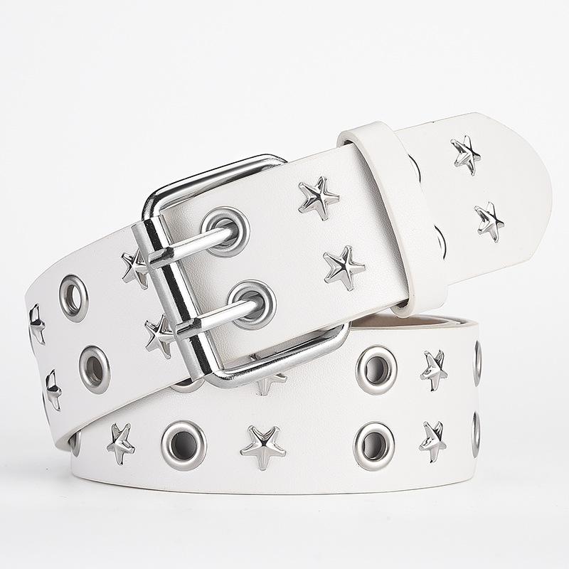 Men's Punk Leather Belt with Double Row Pin Buckle and Eyelets - Star Design