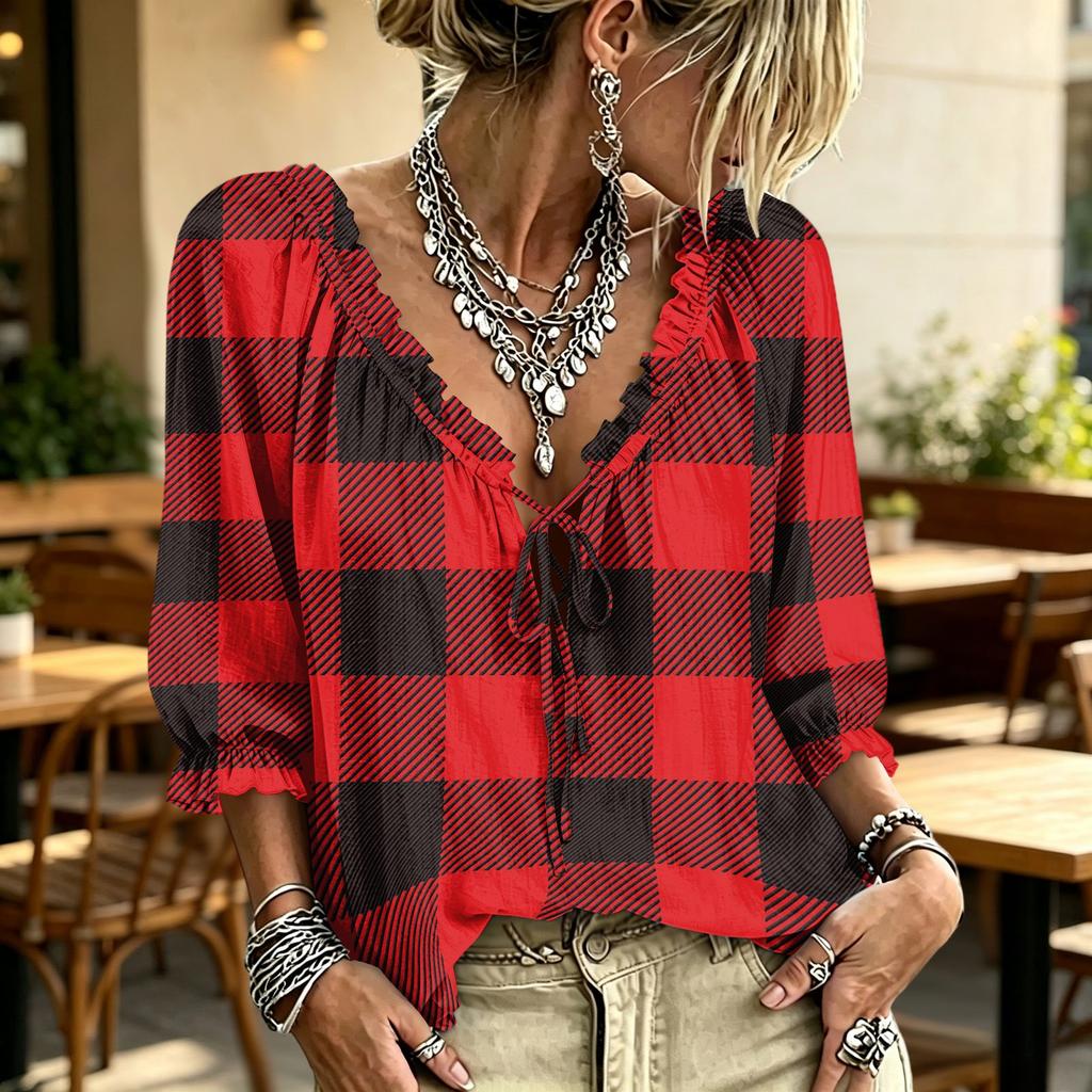 Women's V Neck Ruffle Blouse with Plaid Print and Tie for Casual Wear