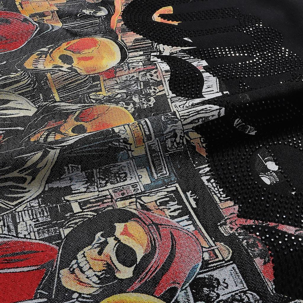 2026 Summer Men's Oversize T-Shirt, Skull Hip Hop DJ Crew Print Dark Street Short Sleeve Tee With Rhinestone Letter