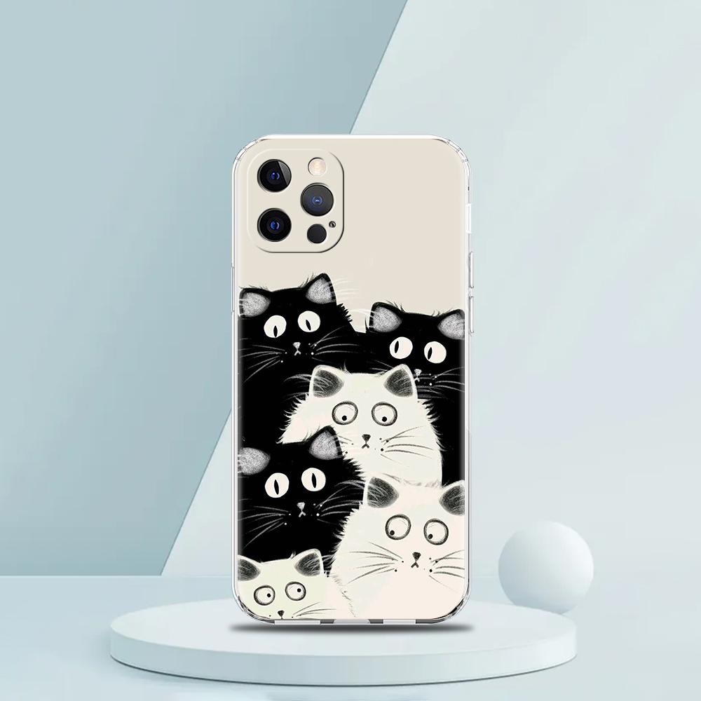 Soft TPU Transparent Phone Case Cover for iPhone 16 15 14 13 12 11 Pro Max XR 8 7 Plus Shockproof Shell Cute Cartoon Cat Pattern