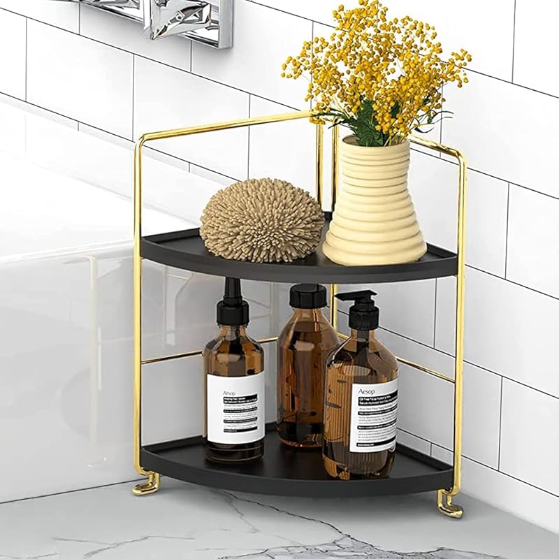 Kitchen Spice Rack Standing Shelf, 2-Tier Corner Storage Shelf, Bathroom Countertop Organizer, Vanity Tray Cosmetic & Makeup Storage, Silver&Black 2-Tier