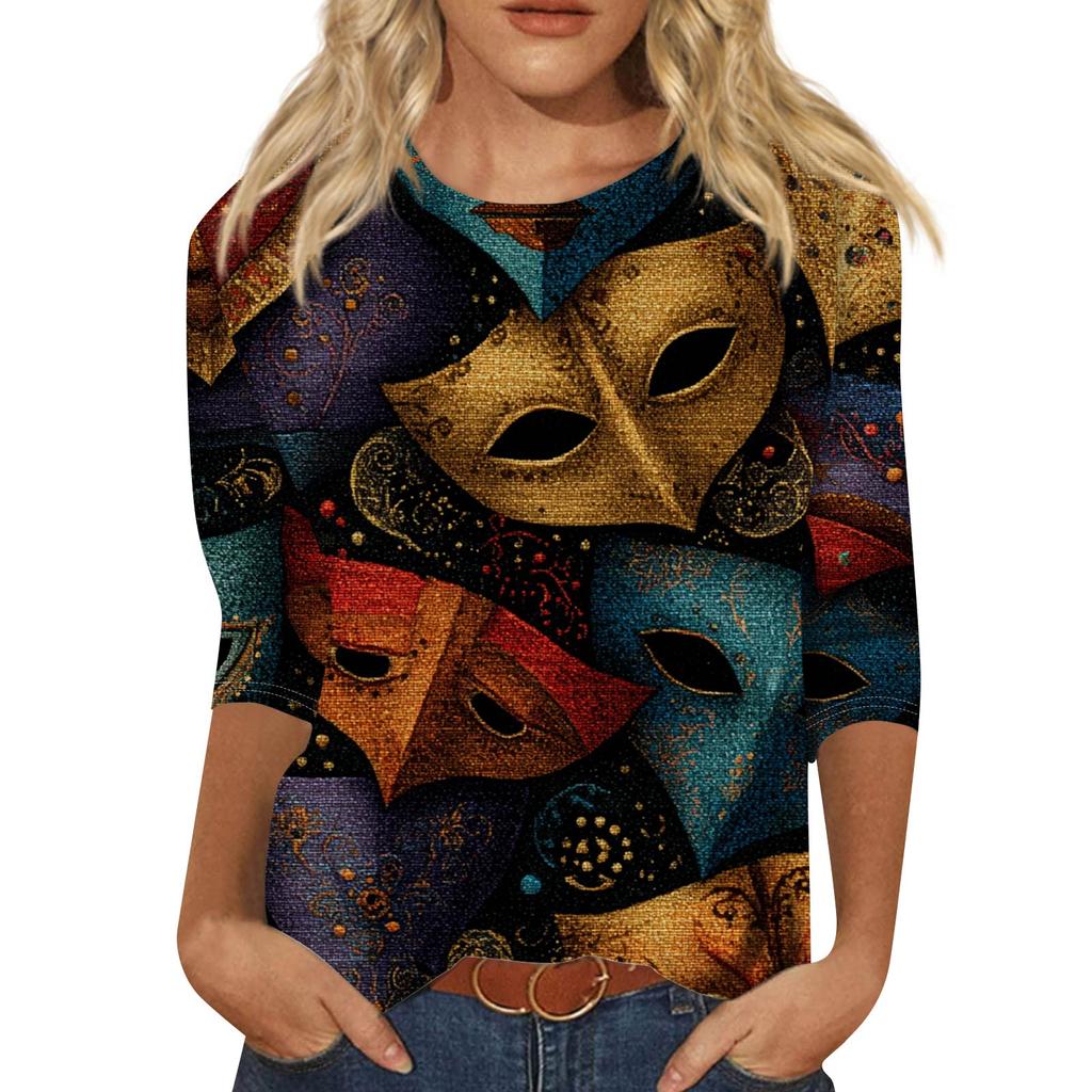 Damen Modisches Lässiges Dreiviertelarm Karnevals-Print Neck Top