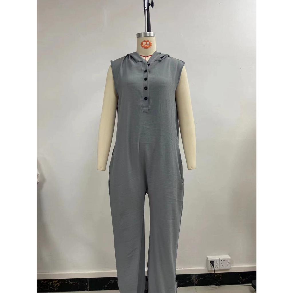 Women's Summer Casual Hooded Jumpsuit Loose Half Button Tapered Leg Romper Overall Pants