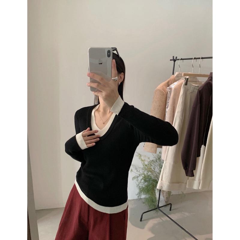 Trendy Retro Fake Two-piece Knitted Sweater Women's Autumn and Winter Collar Sexy Contrasting Color Inner Bottoming Shirt Top