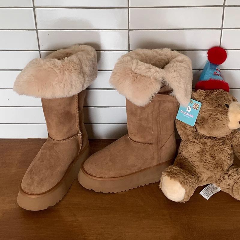 

Зима 2025 новые двусторонние средние и высокие сноубутсы мех овчины интегрированный повседневный бархат теплые на толстой подошве увеличивающие рост сапоги 40 малиновый