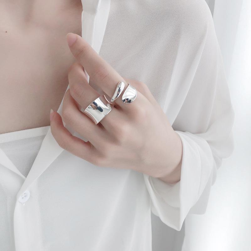 Korean Style Curved Water Drop Geometric Ring for Women - 925 Silver Open Index Finger, Trendy and Simple Design