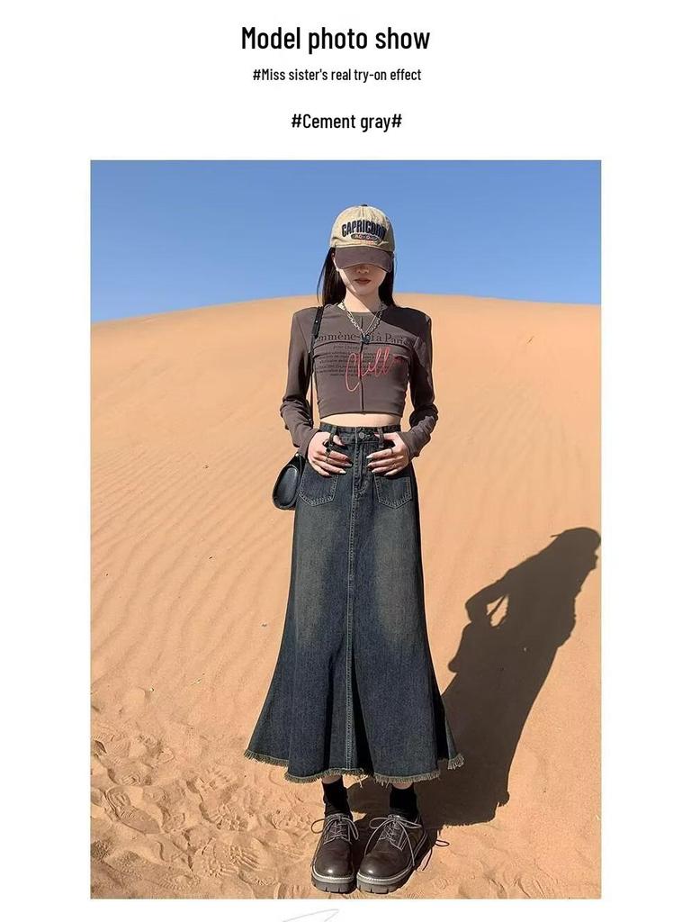 Γυναικεία Μπλούζα Μεγάλου Μεγέθους Α-Γραμμής Ρετρό Τζιν Μίντι Φούστα - Ψηλόμεση, Στενή Γραμμή, Ακατέργαστη Άκρη, Σχέδιο Ουράς Ψαριού για Άνοιξη και Φθινόπωρο