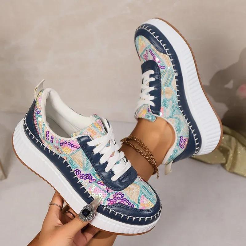 Fashion Thick Bottom Lace Up Walking Shoes Woman Fashion Colored Sequins Platform Sneakers Women Comfort Non Slip Sports Shoes Ladies