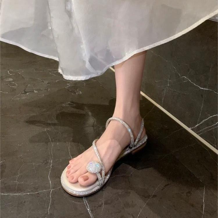 Pearl Sandals Summer Cool Slippers Shoe Cover Toe Flat Bottom Summer Outerwear Fairy Year Rhinestones