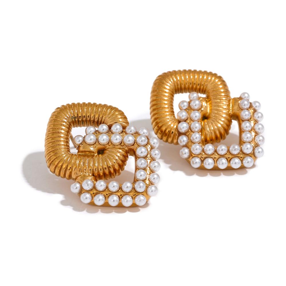Yhpup Geometric Vintage Square Fashion Stud Earrings Women Stainless Steel Golden Imitation Pearl Cubic Zirconia Jewelry Gift