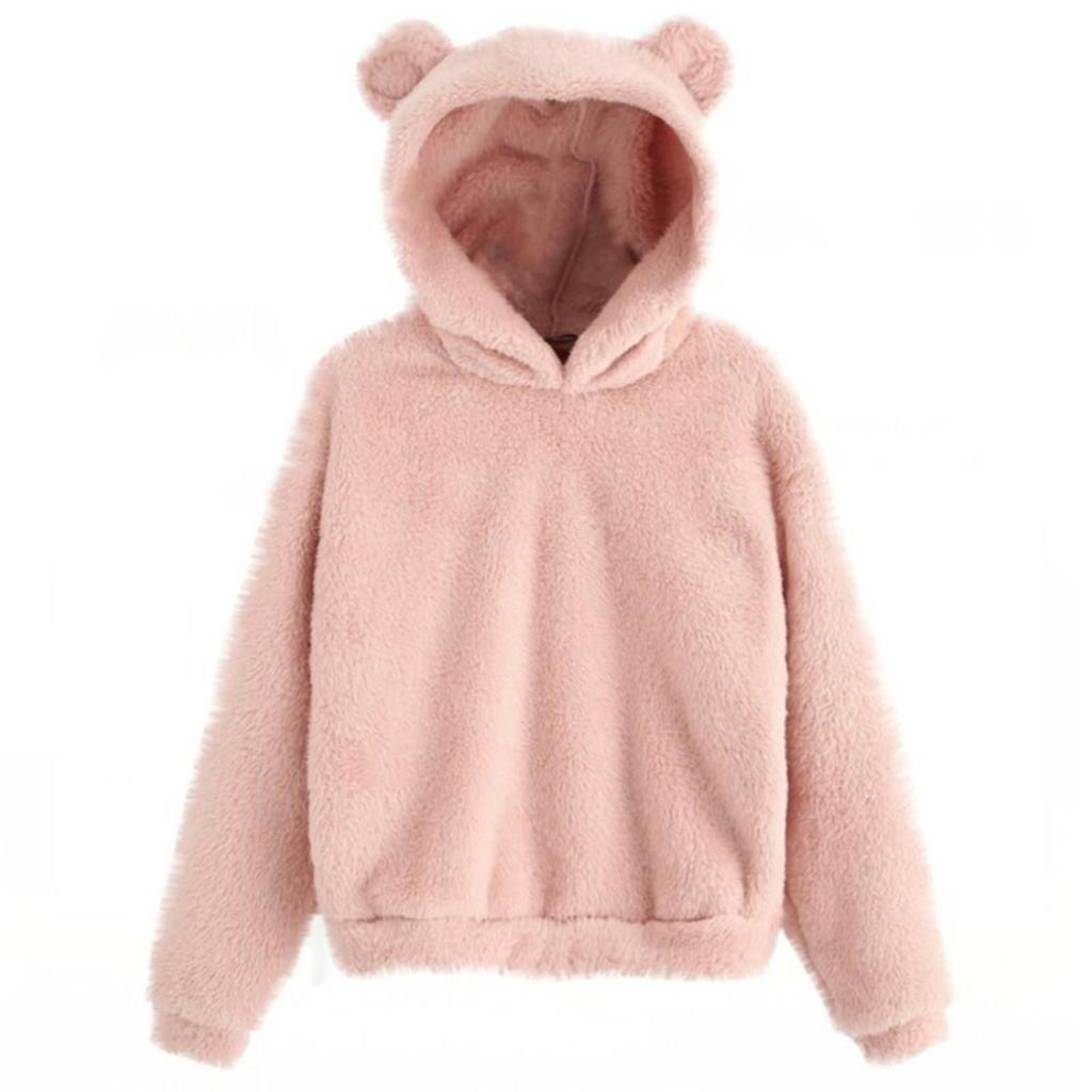 Mode Femme Manches Longues Couleur Unie Polaire Oreilles Capuche Chaud Pull Sweat-shirt