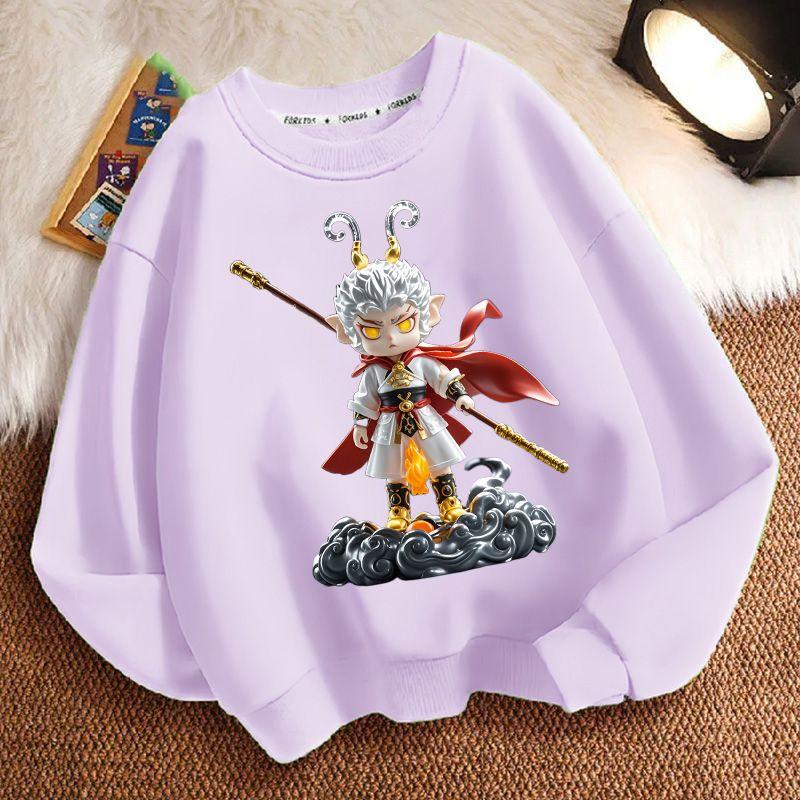 Cute Black Mythological Wukong Round-neck Hoodie for Children, Fashionable Long-sleeved Hoodie for Boys and Girls In Spring and Autumn