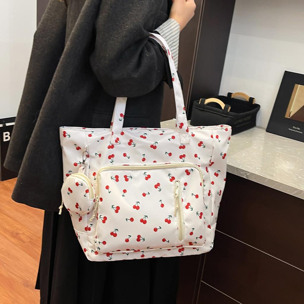 Fashion Cherry Print Nylon Shoulder Bag for Women Large Capacity Multi-Pocket Tote Handbag Versatile Outing College Bag