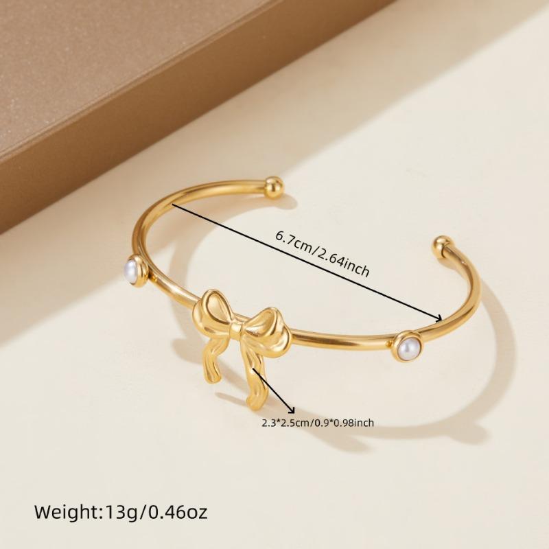 Gold Bow Pearl Open Cuff Bangle Bracelet for Women