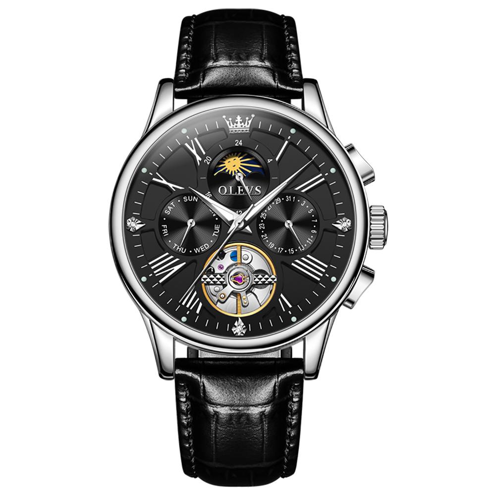 OLEVS Luxury Automatic Mechanical Watches for Men Leather Strap Calendar Week Tourbillon Man Watch Hollowed Men's Watches