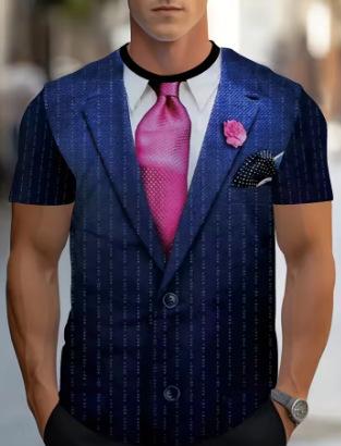 Men's casual suit and tie printed short-sleeved crew neck new men's role-playing party T-shirt