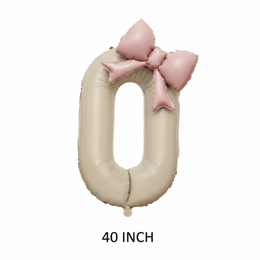 40 Inch Number 0-9 Balloon Cream White with Light Pink Bow Aluminum Foil Balloons New Year Decorations Birthday Party Balloons