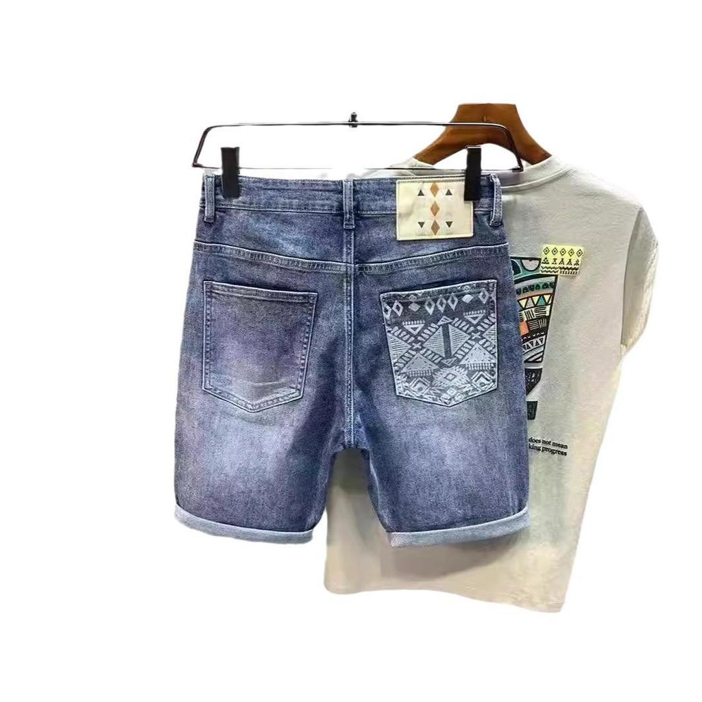 Men's Summer Thin Ripped Denim Shorts with Embroidery - Personalized Casual Breeches by Fashion Brand