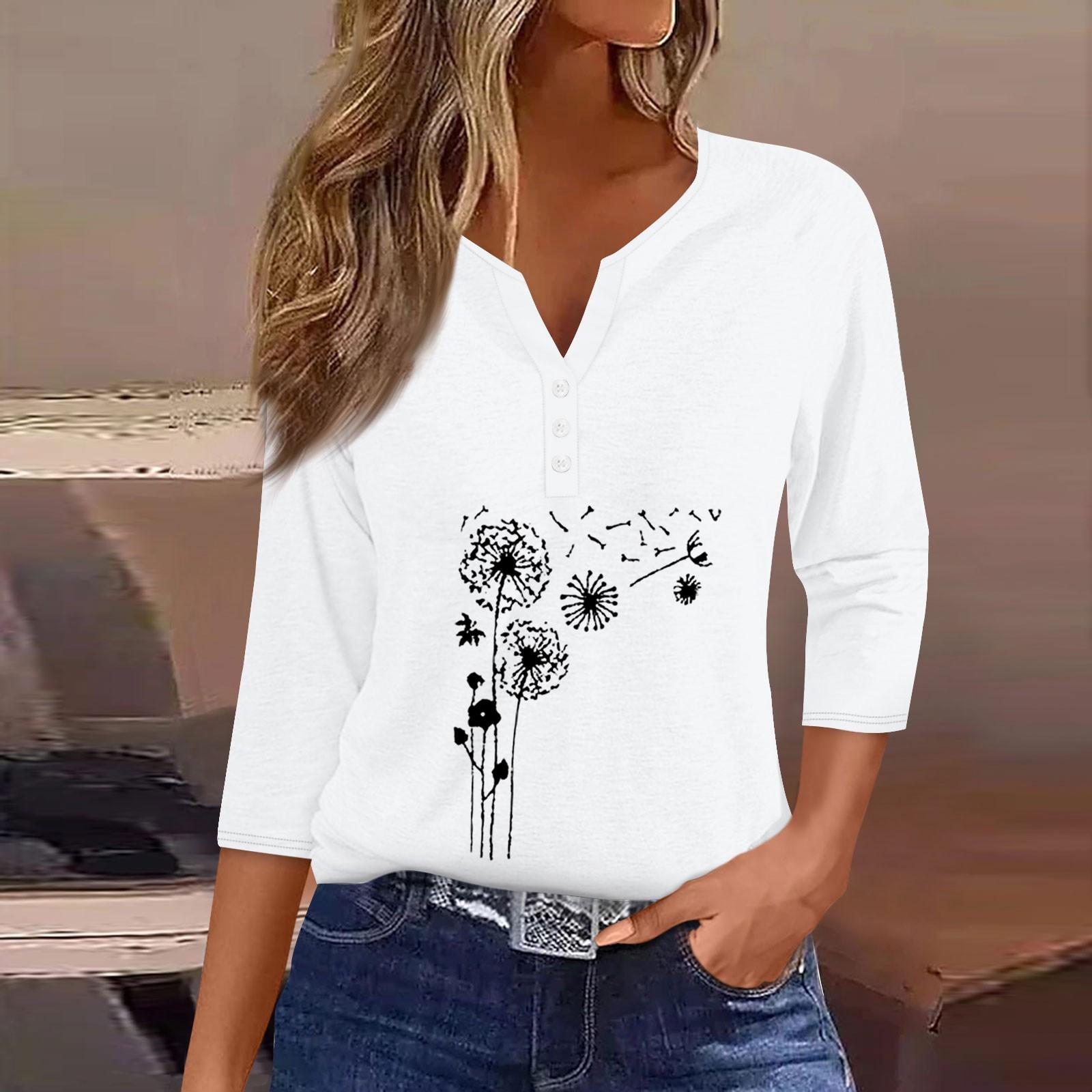 

Women s T Shirt Tee Print Button 3/4 SleeveDaily Weekend Fashion Basic V- Neck Regular Top XXL білий