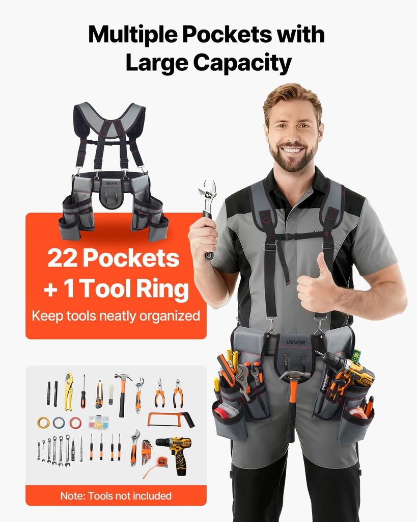 Tool Belt, 22 Pockets Tool Pouch with Suspenders for Men, Heavy Duty Adjustable Utility Belt Bag Suspenders for Electrician, Carpenter, Construction,