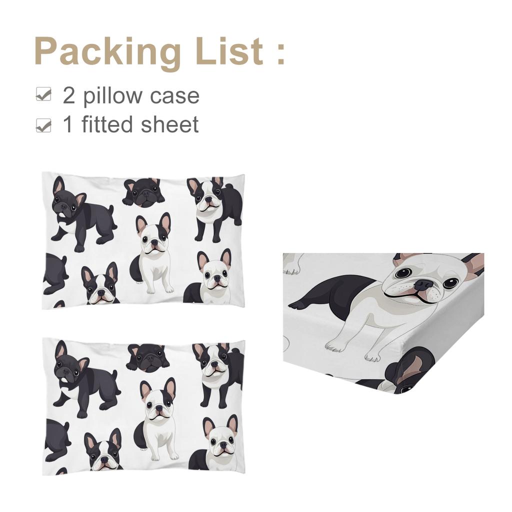 Rundäugige Französische Bulldogge Dreiteiliges Bettwäscheset, Mit Zwei Kissenbezügen, Geeignet Für Schlafzimmerbetten (Süßes, Cartoon-Haustier)